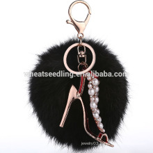 fashion accessory ladies sexy high heels keychain with fur pom poms